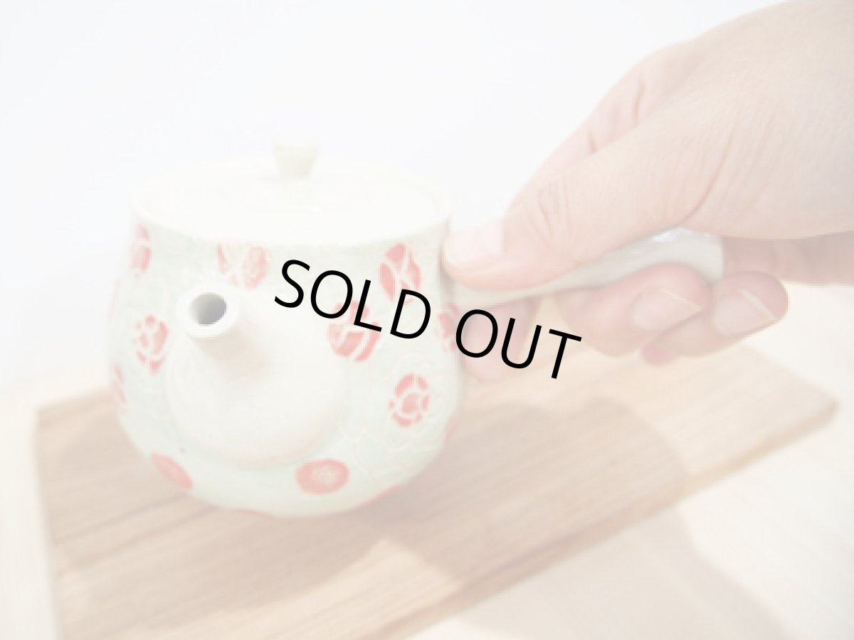 画像2: 紋花彩泥掻落ドット　急須（赤×若草）　【nicorico】 (2)