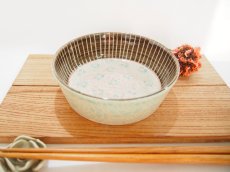画像1: 紋花彩泥掻落ドット　平鉢（ピンク×若草/外：若草）　【nicorico】 (1)
