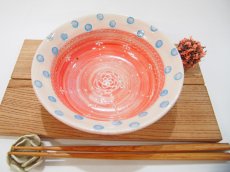 画像2: 【アウトレット：降り物の濃い斑点有り】紋花彩泥掻落ドット　イッチン鉢（ピンク）　【nicorico】 (2)