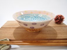 画像1: 紋花彩泥掻落ドット　小鉢・茶碗（水色×ピンク）　【nicorico】 (1)