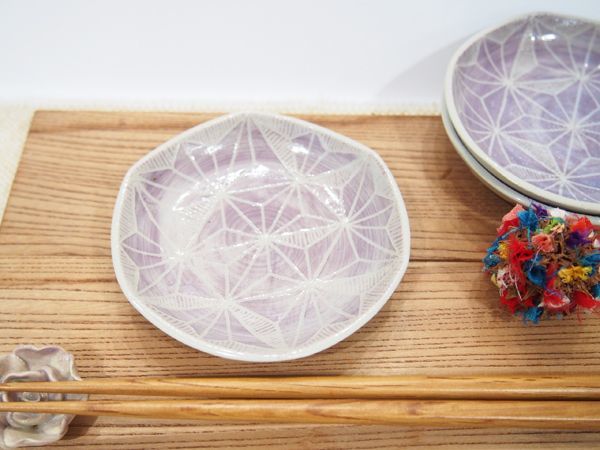 画像1: 麻の葉模様　六角豆皿　(紫)【nicorico】 (1)